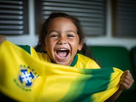 braziliaans kind viert zijn voetbal teams zege ai generatief foto