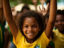 braziliaans kind viert zijn voetbal teams zege ai generatief foto