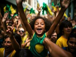 braziliaans kind viert zijn voetbal teams zege ai generatief foto