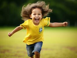 braziliaans kind viert zijn voetbal teams zege ai generatief foto