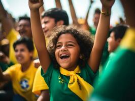 braziliaans kind viert zijn voetbal teams zege ai generatief foto