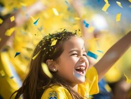 braziliaans kind viert zijn voetbal teams zege ai generatief foto