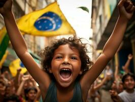 braziliaans kind viert zijn voetbal teams zege ai generatief foto