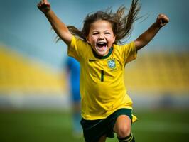 braziliaans kind viert zijn voetbal teams zege ai generatief foto