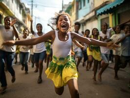 braziliaans kind viert zijn voetbal teams zege ai generatief foto