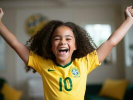 braziliaans kind viert zijn voetbal teams zege ai generatief foto