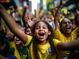 braziliaans kind viert zijn voetbal teams zege ai generatief foto