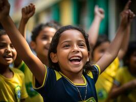 braziliaans kind viert zijn voetbal teams zege ai generatief foto