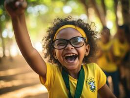 braziliaans kind viert zijn voetbal teams zege ai generatief foto