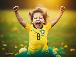 braziliaans kind viert zijn voetbal teams zege ai generatief foto