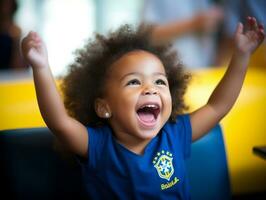 braziliaans kind viert zijn voetbal teams zege ai generatief foto