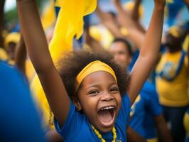 braziliaans kind viert zijn voetbal teams zege ai generatief foto