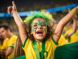 braziliaans kind viert zijn voetbal teams zege ai generatief foto