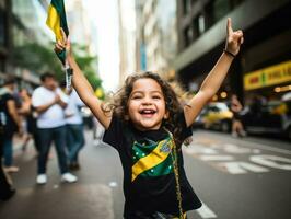 braziliaans kind viert zijn voetbal teams zege ai generatief foto