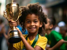 braziliaans kind viert zijn voetbal teams zege ai generatief foto