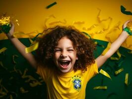 braziliaans kind viert zijn voetbal teams zege ai generatief foto