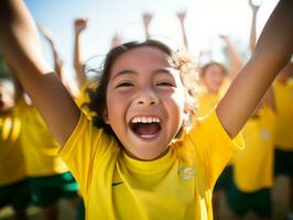 braziliaans kind viert zijn voetbal teams zege ai generatief foto