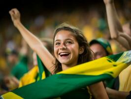 braziliaans kind viert zijn voetbal teams zege ai generatief foto