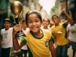 braziliaans kind viert zijn voetbal teams zege ai generatief foto