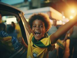 braziliaans kind viert zijn voetbal teams zege ai generatief foto