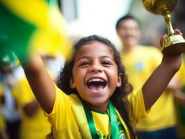 braziliaans kind viert zijn voetbal teams zege ai generatief foto