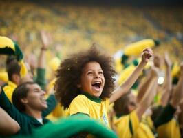 braziliaans kind viert zijn voetbal teams zege ai generatief foto