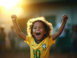 braziliaans kind viert zijn voetbal teams zege ai generatief foto