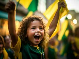 braziliaans kind viert zijn voetbal teams zege ai generatief foto