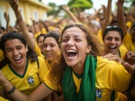 braziliaans vrouw viert haar voetbal teams zege ai generatief foto