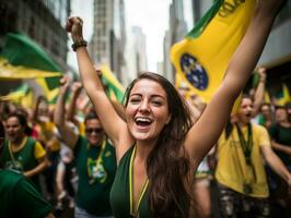 braziliaans vrouw viert haar voetbal teams zege ai generatief foto