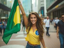 braziliaans vrouw viert haar voetbal teams zege ai generatief foto