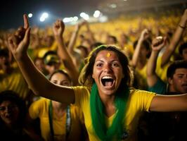 braziliaans vrouw viert haar voetbal teams zege ai generatief foto