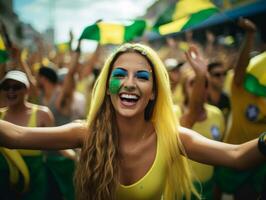 braziliaans vrouw viert haar voetbal teams zege ai generatief foto