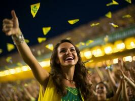 braziliaans vrouw viert haar voetbal teams zege ai generatief foto