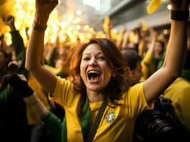 braziliaans vrouw viert haar voetbal teams zege ai generatief foto