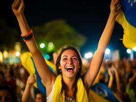 braziliaans vrouw viert haar voetbal teams zege ai generatief foto