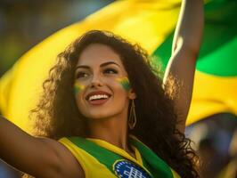 braziliaans vrouw viert haar voetbal teams zege ai generatief foto