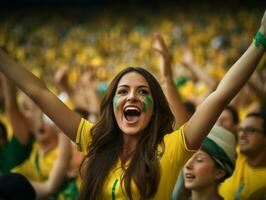 braziliaans vrouw viert haar voetbal teams zege ai generatief foto