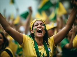 braziliaans vrouw viert haar voetbal teams zege ai generatief foto