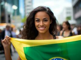 braziliaans vrouw viert haar voetbal teams zege ai generatief foto