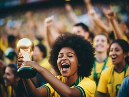 braziliaans vrouw viert haar voetbal teams zege ai generatief foto