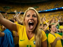 braziliaans vrouw viert haar voetbal teams zege ai generatief foto