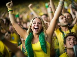 braziliaans vrouw viert haar voetbal teams zege ai generatief foto