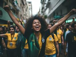 braziliaans vrouw viert haar voetbal teams zege ai generatief foto