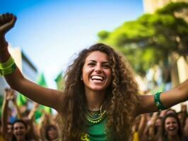 braziliaans vrouw viert haar voetbal teams zege ai generatief foto