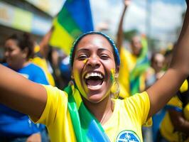 braziliaans vrouw viert haar voetbal teams zege ai generatief foto