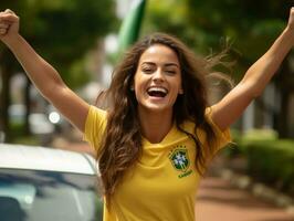 braziliaans vrouw viert haar voetbal teams zege ai generatief foto