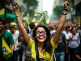 braziliaans vrouw viert haar voetbal teams zege ai generatief foto