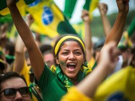 braziliaans vrouw viert haar voetbal teams zege ai generatief foto