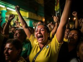 braziliaans vrouw viert haar voetbal teams zege ai generatief foto